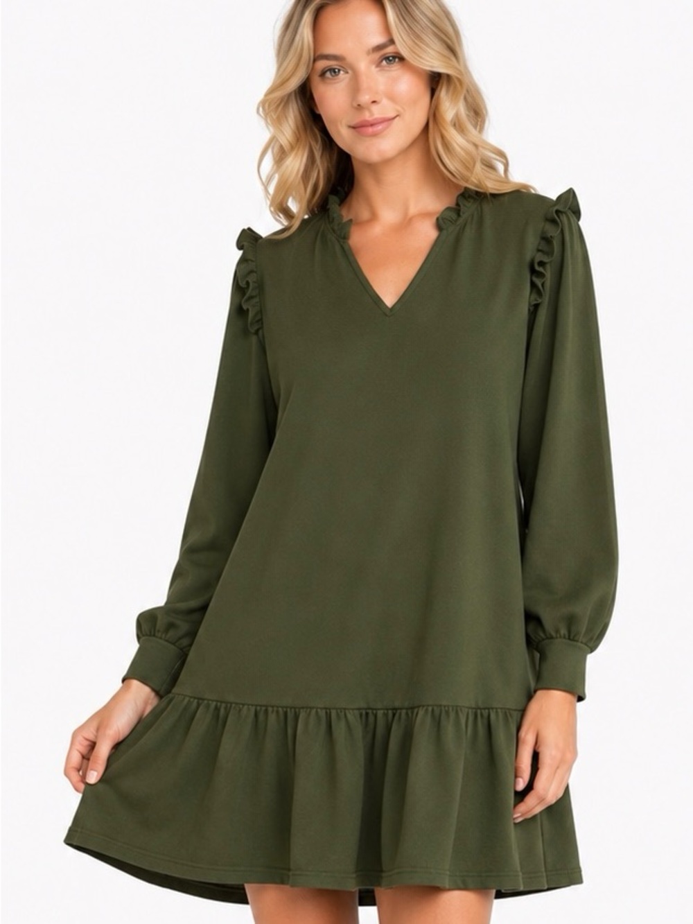 Victoria Dunn Olive Ruffle Dress | Cottagecore Boho Chic Oversized Fit